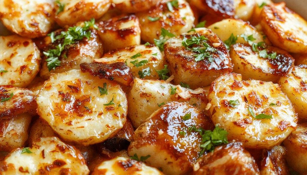 A rustic white plate holding golden-brown crispy smashed potatoes arranged in a slightly overlapping manner. The potatoes have a crunchy exterior with some areas slightly darker, garnished with chopped fresh herbs. The background features a wooden serving board, with scattered herbs and a drizzle of sauce, creating a warm and inviting presentation.
