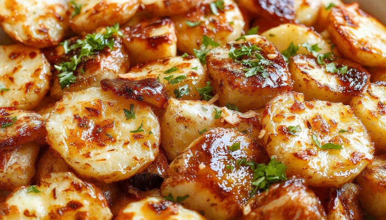 A rustic white plate holding golden-brown crispy smashed potatoes arranged in a slightly overlapping manner. The potatoes have a crunchy exterior with some areas slightly darker, garnished with chopped fresh herbs. The background features a wooden serving board, with scattered herbs and a drizzle of sauce, creating a warm and inviting presentation.