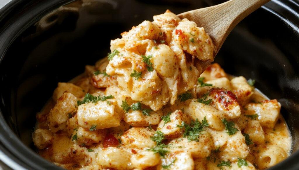 A vibrant plate of creamy Cajun chicken pasta featuring tender chunks of chicken coated in a rich, creamy sauce with a hint of spice. The pasta is garnished with fresh chopped parsley and sliced green onions, served on a rustic white bowl that contrasts beautifully with the deep reddish-brown sauce and the golden-brown chicken pieces. The dish is surrounded by a blurred background of a wooden table with scattered herbs and spice containers, creating an inviting and flavorful scene.