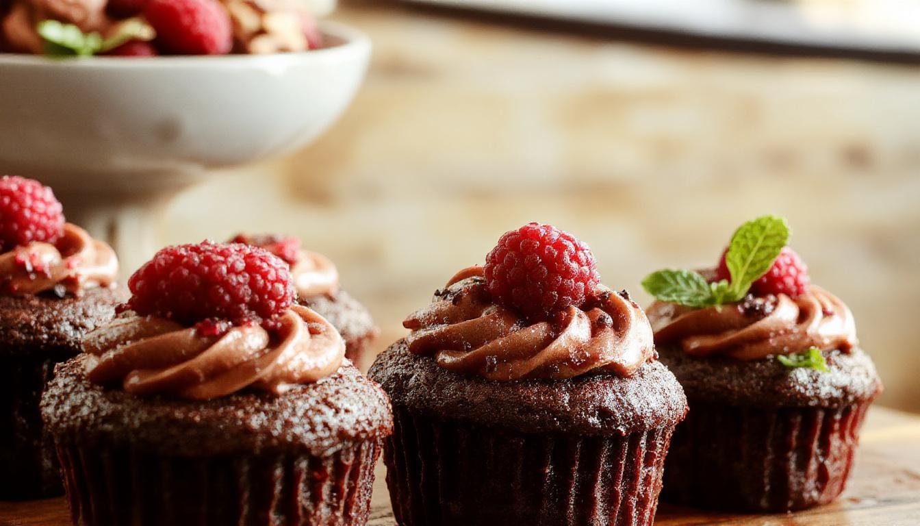 A close-up of two dark chocolate blackberry cupcakes on a white plate, topped with glossy blackberry glaze and fresh blackberries, garnished with a sprig of mint. The rich chocolate cake contrasts with vibrant purple-blackberries, highlighting their plump, juicy appearance and glossy sheen, with a crumbly chocolate exterior and smooth, shiny topping.