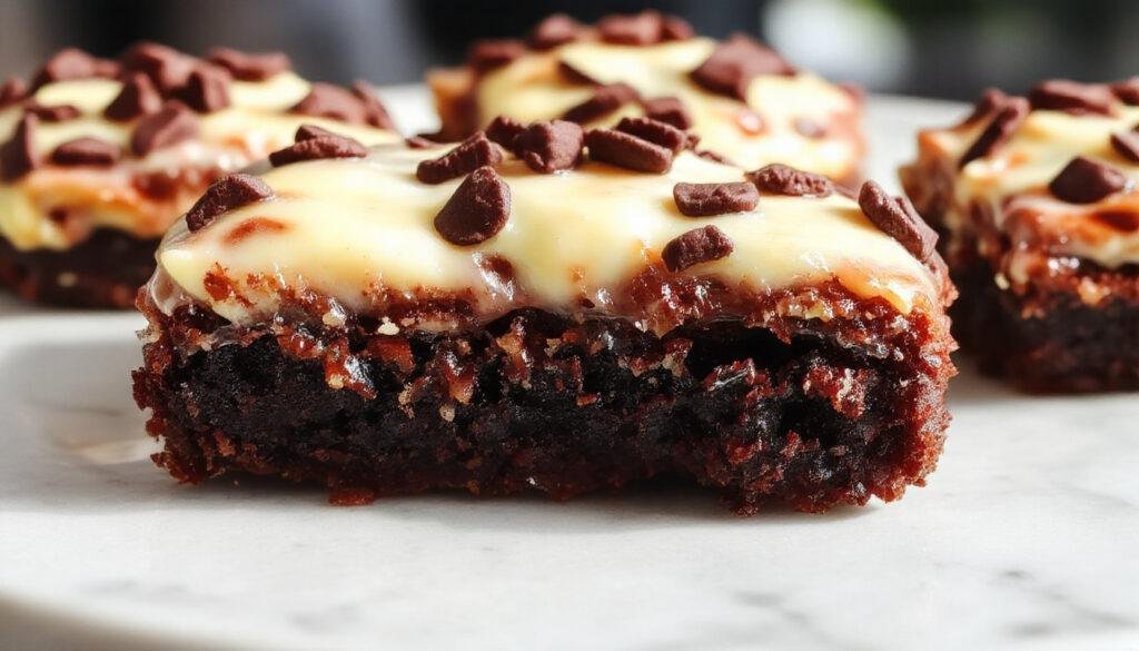 A close-up of a square cheesecake brownie with a glossy chocolate top layer and creamy cheesecake swirls visible from the side, garnished with a dusting of powdered sugar and a sprig of mint, set on a rustic wooden serving board with a blurred background of ingredients.