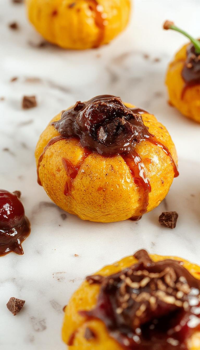 A festive fall display featuring Chocolate Cherry Pumpkins, with glossy dark chocolate coating, vibrant red cherries, and decorative pumpkin shapes arranged on a rustic wooden surface.