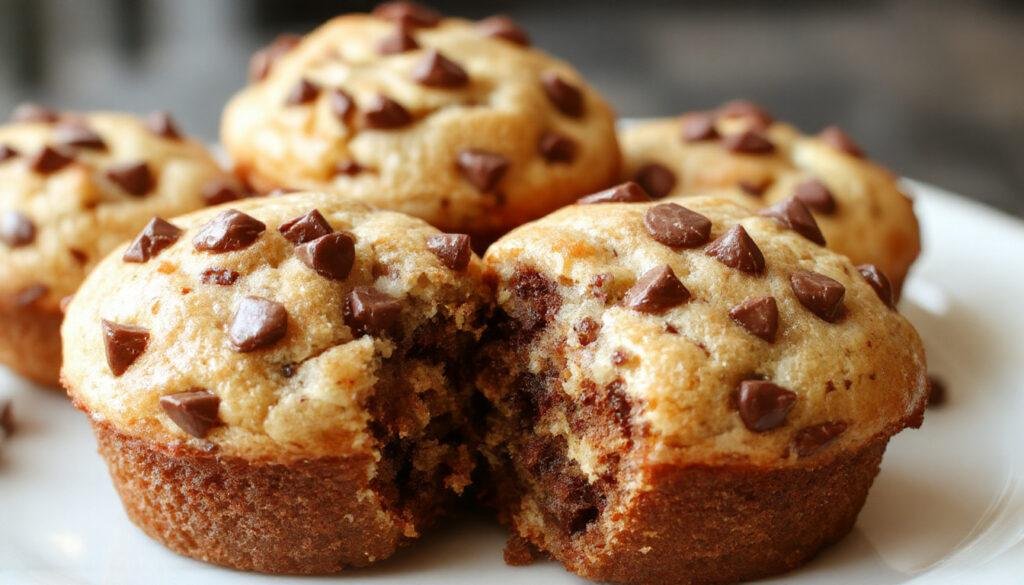 A close-up of golden-brown banana muffins dotted with melted chocolate chips, arranged on a rustic white plate. The muffins have a moist, fluffy texture with chocolate chips visibly nestled on top and inside. Soft crumbs are slightly visible around the muffins, highlighting their moist interior, all set against a neutral background that emphasizes their inviting appearance.