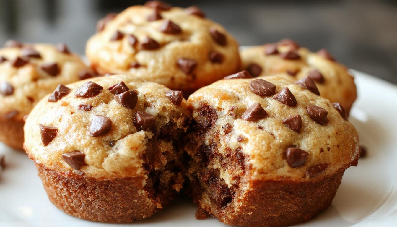 A close-up of golden-brown banana muffins dotted with melted chocolate chips, arranged on a rustic white plate. The muffins have a moist, fluffy texture with chocolate chips visibly nestled on top and inside. Soft crumbs are slightly visible around the muffins, highlighting their moist interior, all set against a neutral background that emphasizes their inviting appearance.