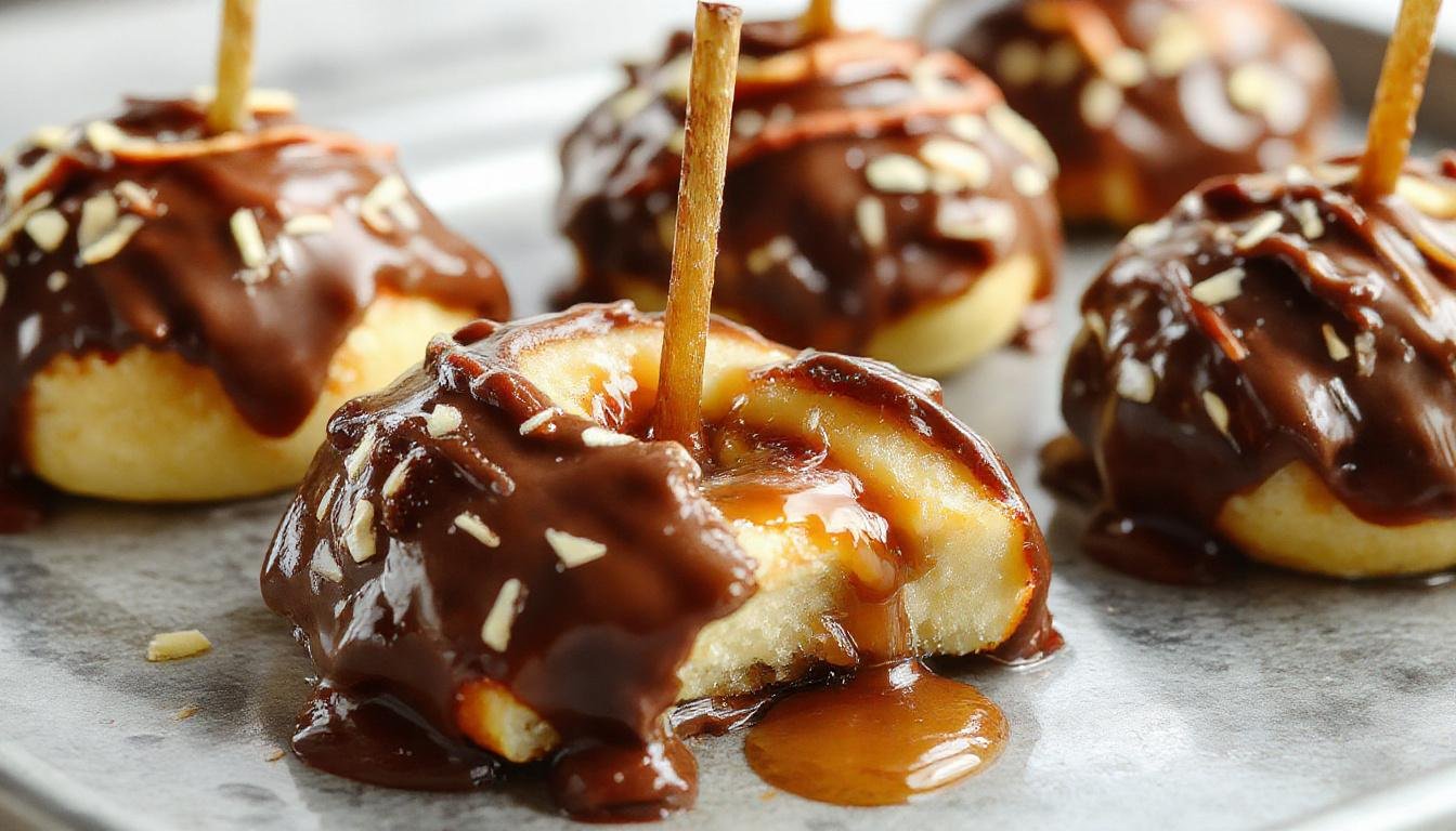 An overhead view of several caramel apple slices dipped in glossy dark chocolate, arranged on a rustic wooden platter. The slices show a vibrant red apple interior with a thick layer of caramel and a smooth, shiny coating of dark chocolate. Some slices are decorated with chopped nuts and drizzled chocolate, enhancing their visual appeal with textures and colors.