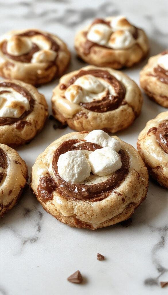Delicious Decadent Chocolate Marshmallow Swirl Cookies with gooey marshmallow swirls and rich chocolate coating on a baking tray