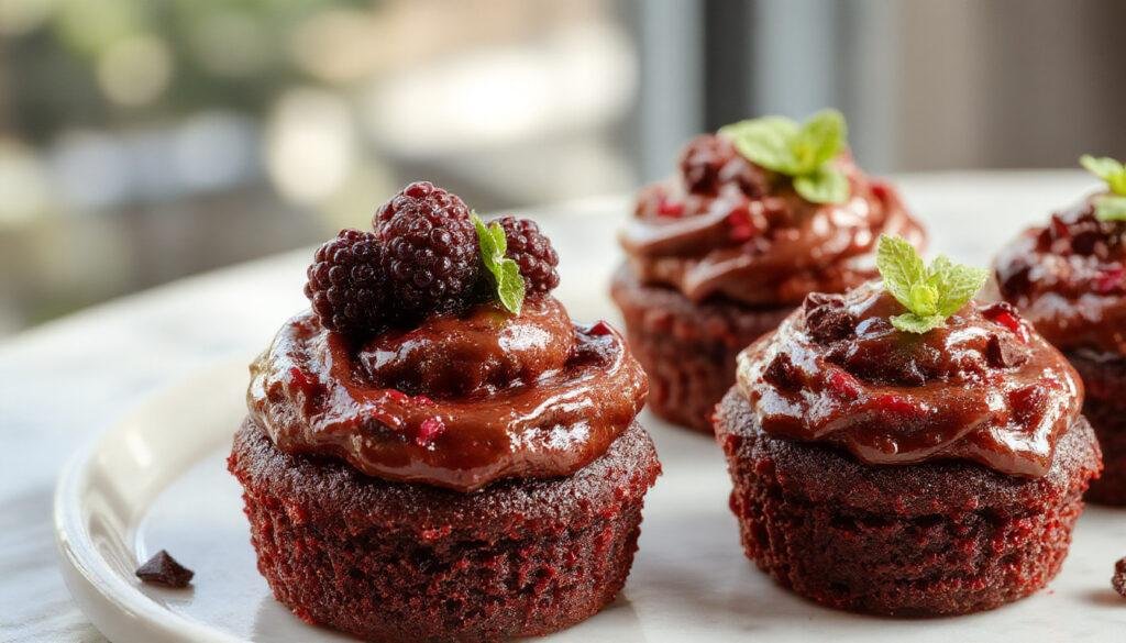 A close-up of two decadent dark chocolate blackberry cupcakes on a white plate. The cupcakes are topped with glossy blackberries and a drizzle of chocolate ganache, with a dusting of powdered sugar. The rich, dark chocolate swirls contrast beautifully with the vibrant blackberries, creating an inviting and luxurious presentation.