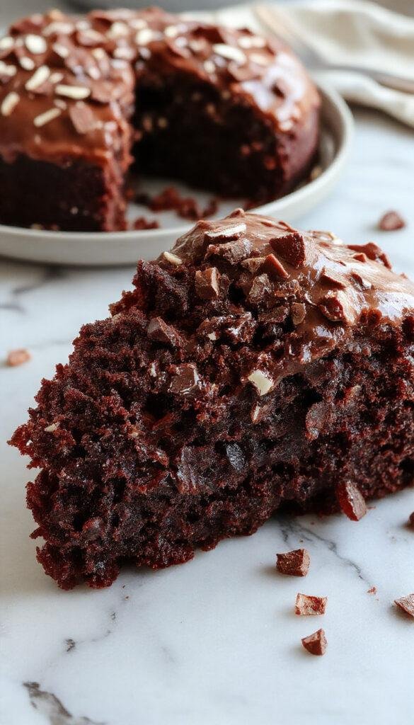 A rich, decadent death by chocolate cake layered with glossy chocolate ganache and adorned with chocolate shavings, presented on a elegant cake stand.