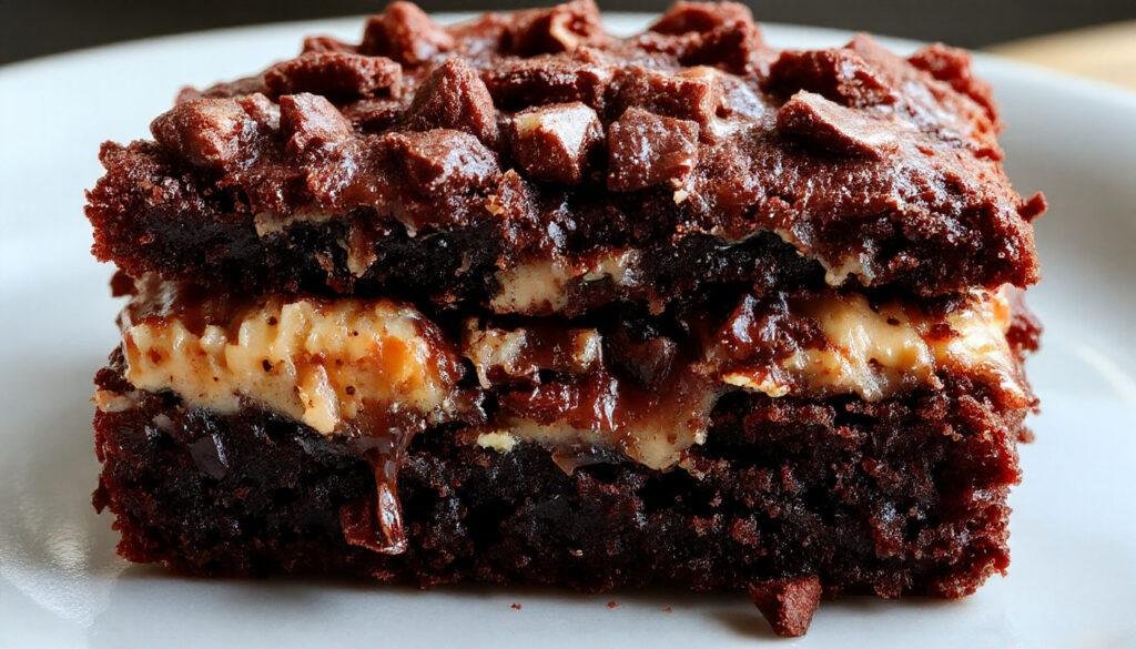 A close-up of a layered brownie dessert showcasing a glossy chocolate ganache on top, golden cookie crust, and a rich, fudgy brownie layer beneath, all neatly sliced and arranged on a rustic wooden platter.