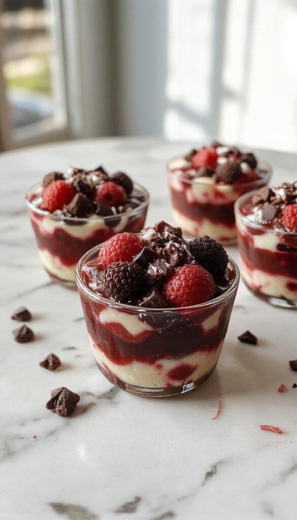A close-up of mini Black Forest cups featuring layered chocolate cake, whipped cream, and cherries topped with chocolate shavings