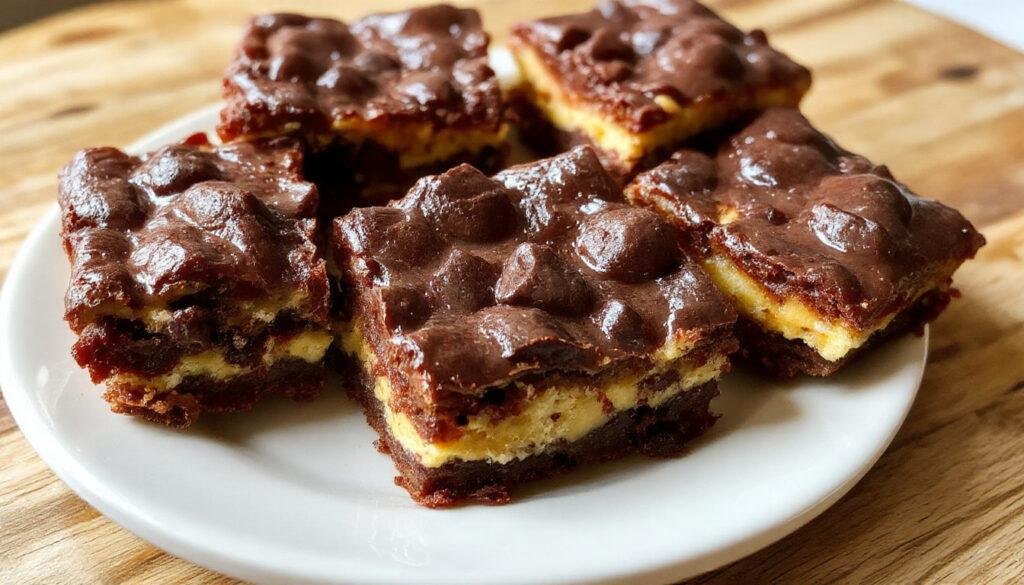 A close-up view of a slice of Decadent Pumpkin Cheesecake Brownies on a rustic wooden plate. The brownie features a rich, dark chocolate base topped with creamy orange-tinted pumpkin cheesecake layer, garnished with a sprinkle of cinnamon and a small dollop of whipped cream. The background showcases a fall-themed table with leaves and cinnamon sticks, highlighting the warm, seasonal appeal.