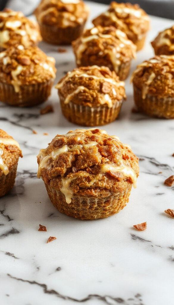 A batch of golden pumpkin cream cheese muffins sprinkled with cinnamon, displayed on a rustic wooden table with autumn leaves around.