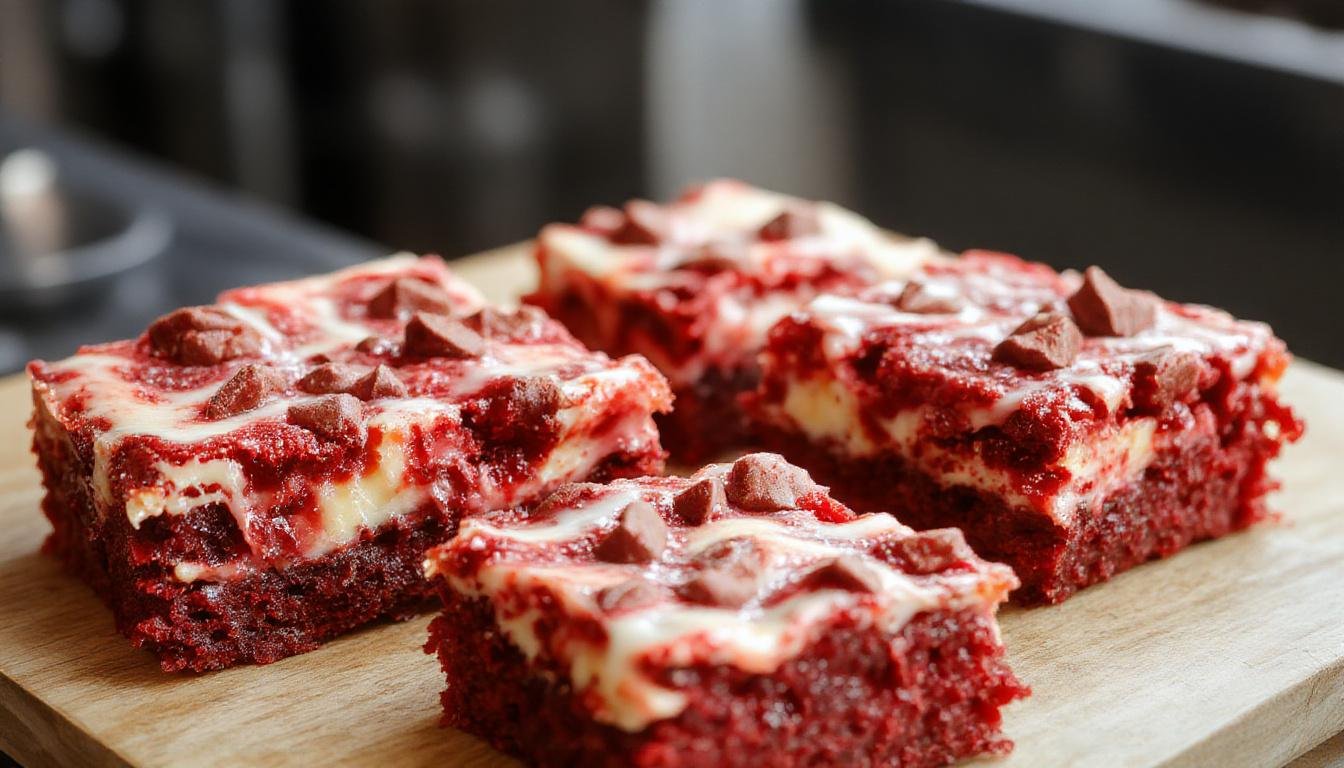 A close-up of bite-sized red velvet cheesecake brownies arranged on a white plate. The brownies have a rich, deep red color with a creamy pale topping swirled with a hint of white, adorned with a sprinkling of cocoa powder and tiny red velvet crumbs. The textured surface reveals a luscious, fudgy interior contrasted with the smooth cheesecake layer, creating an inviting and elegant presentation.