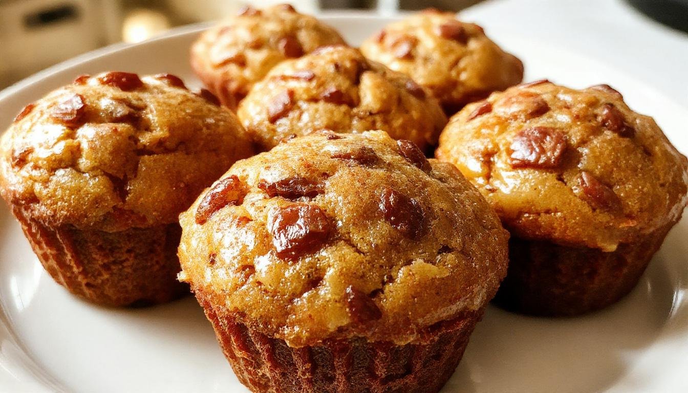 Homemade applesauce muffins arranged on a rustic wooden platter, golden-brown tops with a slightly cracked surface, speckled with cinnamon, surrounded by fresh apple slices and a drizzle of honey