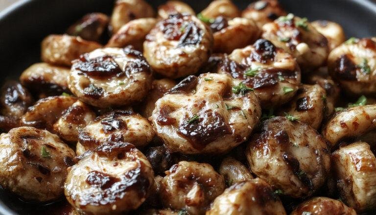 A close-up of roasted garlic mushrooms on a rustic wooden platter, glazed with balsamic vinegar, garnished with fresh herbs, showcasing a caramelized exterior and tender interior