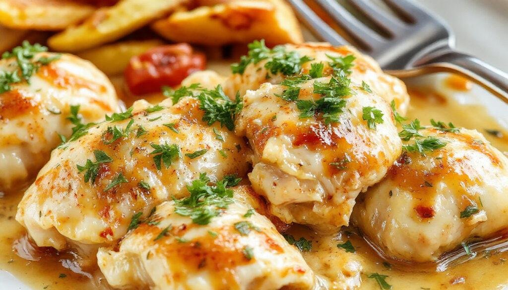 Golden-brown chicken rissoles arranged on a rustic ceramic plate, garnished with fresh herbs, with a side of vibrant green salad and lemon wedges, plated neatly with a textured background showcasing the crispy exterior and moist interior.