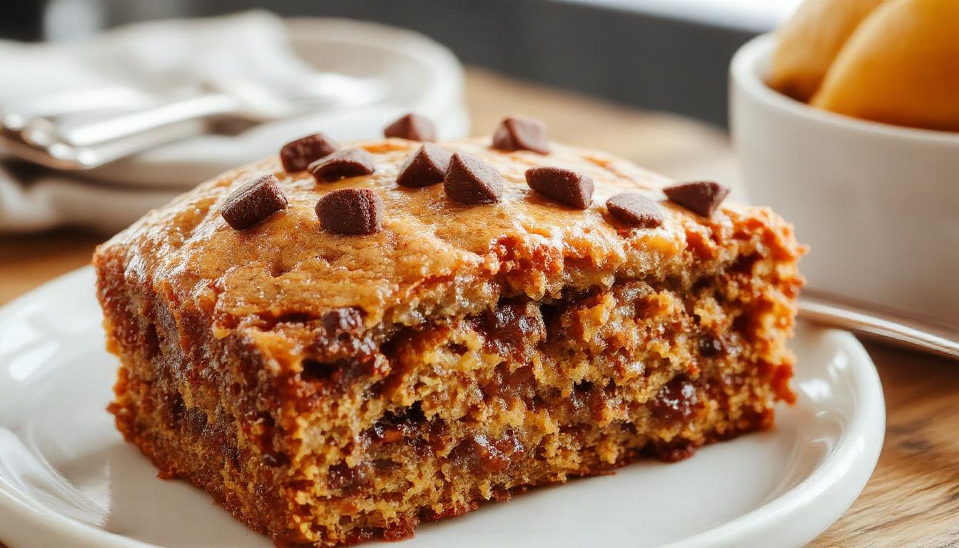A slice of gluten-free vegan pumpkin coffee cake on a rustic wooden plate, topped with a dusting of powdered sugar and garnished with a sprig of fresh parsley. The cake reveals a moist, dense texture with swirls of pumpkin and spices visible inside. The background features a cozy, autumn-inspired setting with warm tones and a cup of coffee nearby.