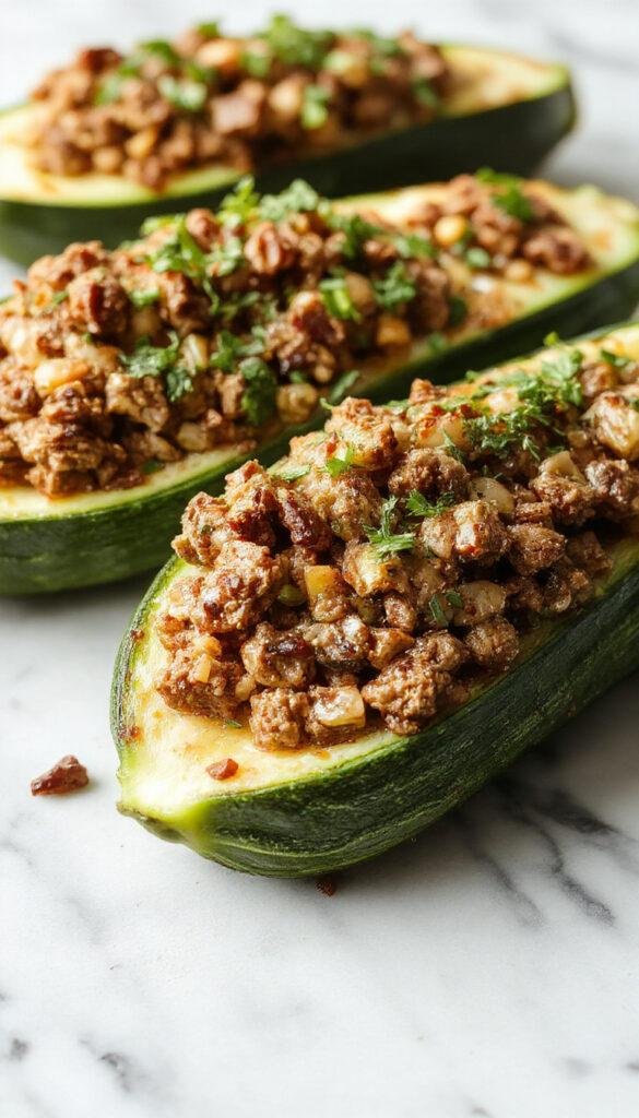 A plate of vibrant zucchini boats filled with seasoned ground beef and topped with melted cheese, garnished with fresh herbs.