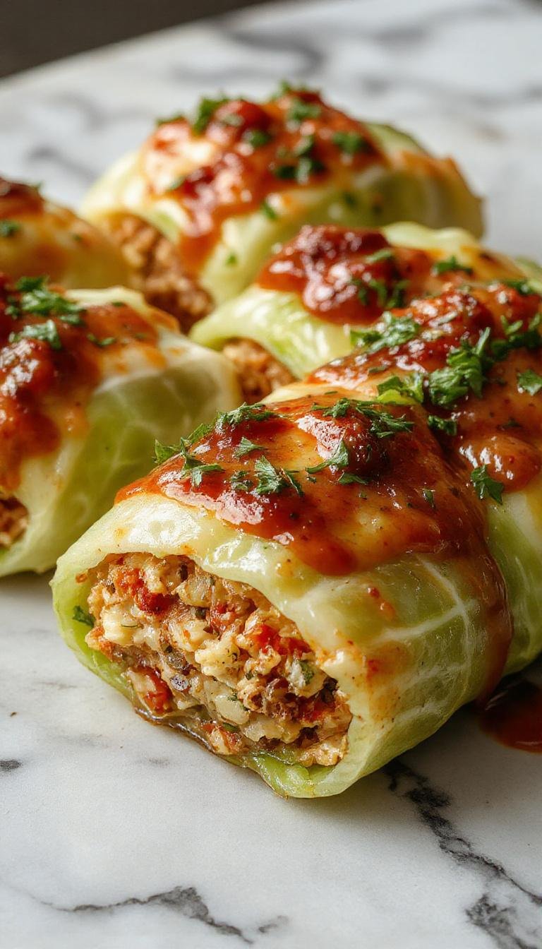 A plate of delicious stuffed cabbage rolls garnished with fresh herbs, served alongside a warm bowl of tomato sauce.