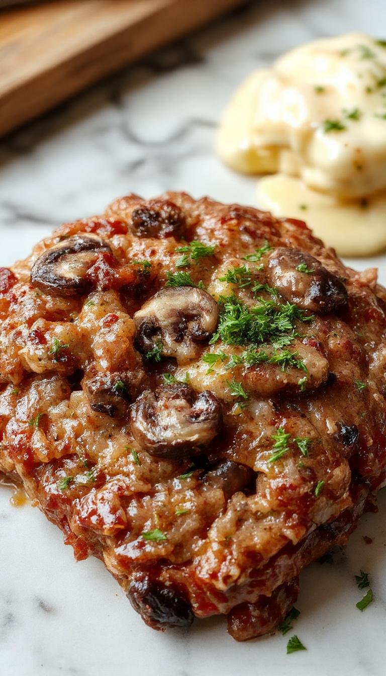 A savory Swiss Cheese and Mushroom Meatloaf sliced open on a plate, garnished with herbs, showcasing its moist interior and melted cheese topping.