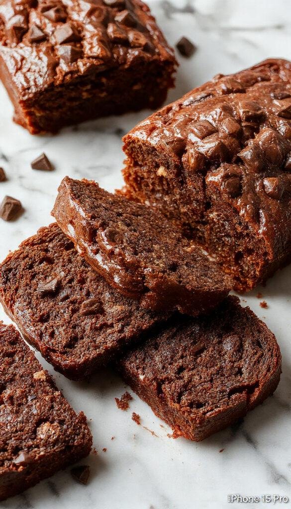 A sliced piece of Deliciously Moist Chocolate Zucchini Bread on a plate, showing its rich, moist texture and chocolate swirls with shredded zucchini visible inside.