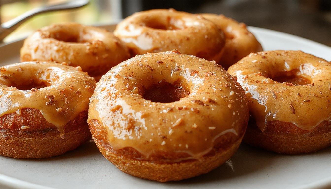 A plate of golden-brown baked pumpkin cake donuts, glazed with a light sugary coating, garnished with a hint of cinnamon, arranged on a rustic wooden surface surrounded by pumpkin slices and fall leaves.
