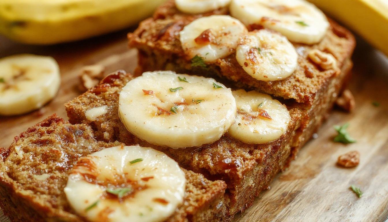A golden-brown loaf of banana zucchini walnut bread sits on a rustic wooden table, sliced to reveal a moist crumb studded with chopped walnuts and flecks of zucchini, with a few walnuts and zucchini slices artfully scattered around for presentation.