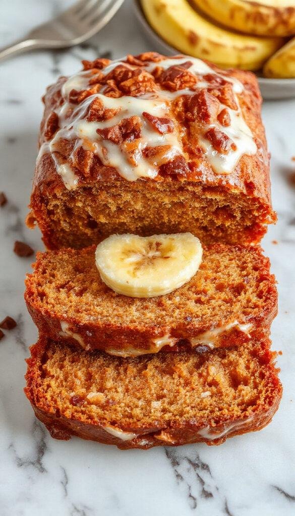 A loaf of Delightful Carrot Cake Banana Bread garnished with walnuts and icing, displayed on a rustic wooden platter.