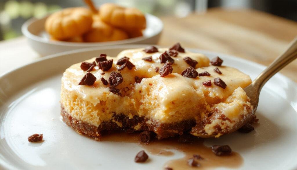 A close-up of several round pumpkin cheesecake bites with a smooth, creamy texture, coated in a light dusting of graham cracker crumble, arranged on a rustic white plate against a soft, blurred background. The bites display a warm orange hue, contrasting with the light-colored crumble for a inviting appearance.