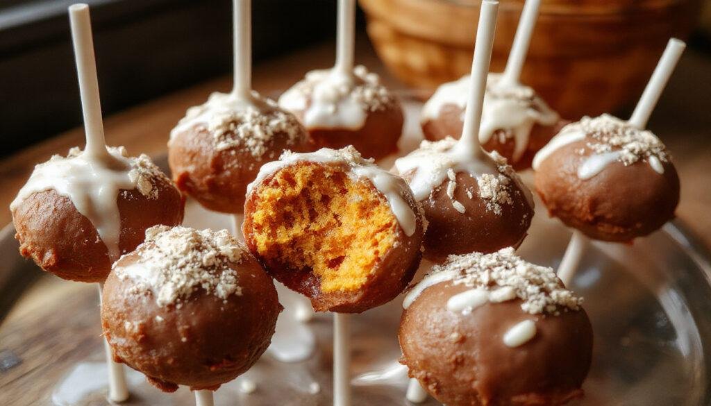 Close-up of three pumpkin-shaped cake pops coated in vibrant orange icing with green stems, displayed on a rustic wooden surface with scattered cinnamon and fall leaves in the background, emphasizing a festive fall theme. The cake pops have a smooth, glossy finish and are perfectly round with textured details mimicking pumpkins.