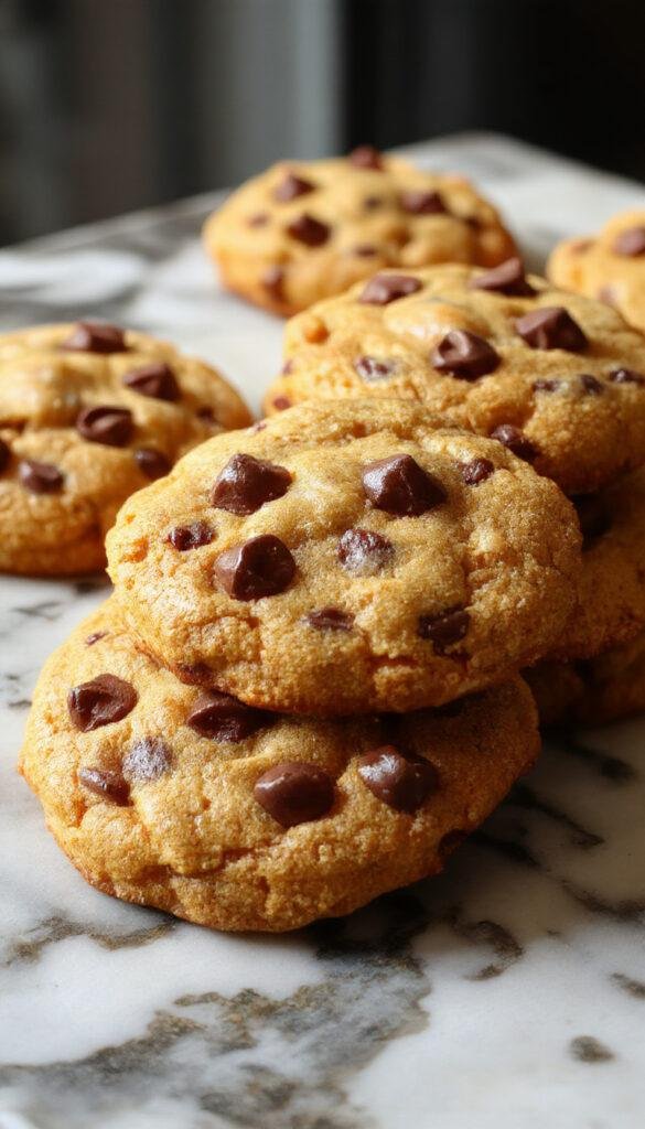 Freshly baked pumpkin chocolate chip cookies on a rustic wooden tray with some scattered chocolate chips and a cinnamon stick