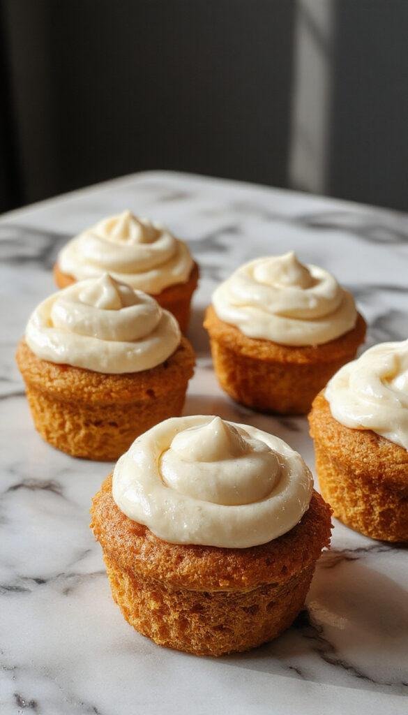 A plate of delightful pumpkin cupcakes topped with creamy frosting and a sprinkle of cinnamon, set on a rustic wooden table.