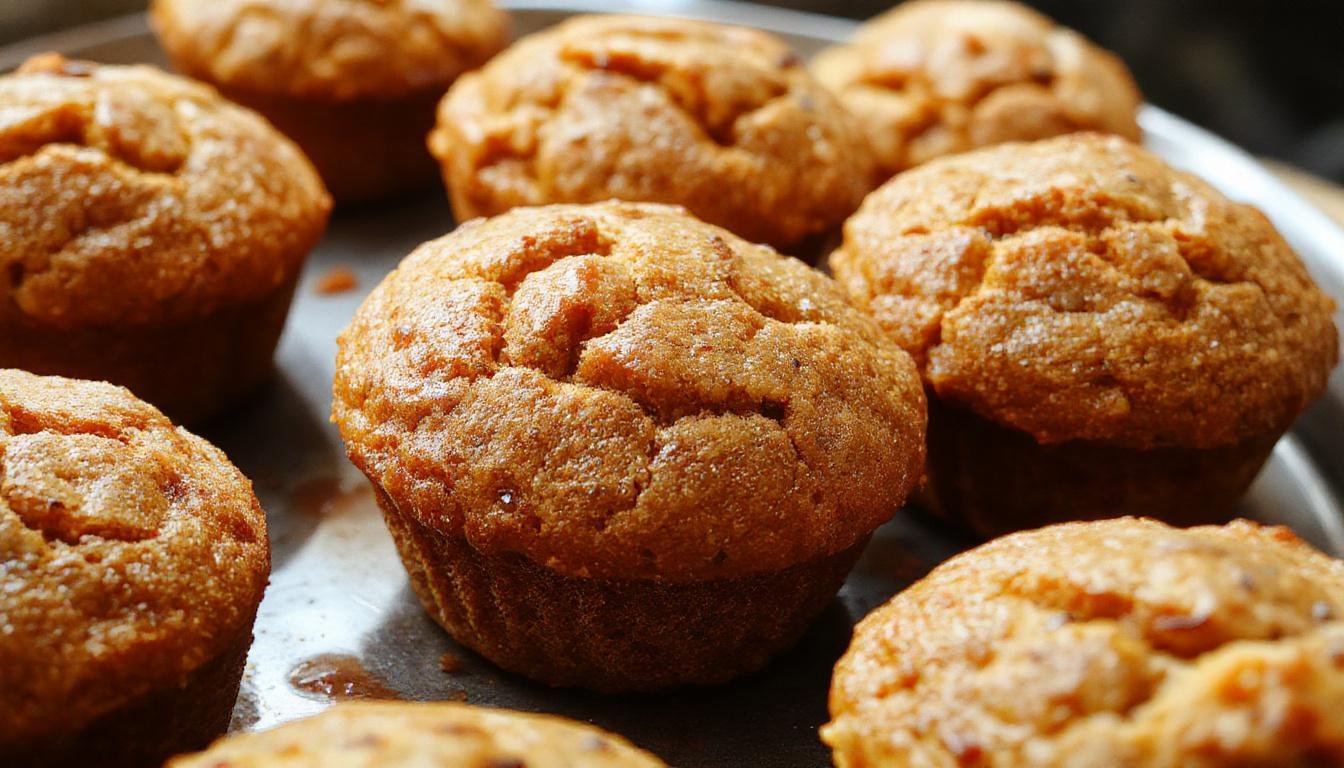 A close-up of three golden-brown sweet potato muffins arranged on a rustic wooden plate. The muffins have a slightly domed top with a moist texture visible around the edges. Crumbs are scattered around, and the muffins are garnished with a light dusting of powdered sugar. Soft natural lighting highlights the fluffy interior visible in a cross-section of one muffin, revealing a moist, tender crumb flecked with orange sweet potato pieces.