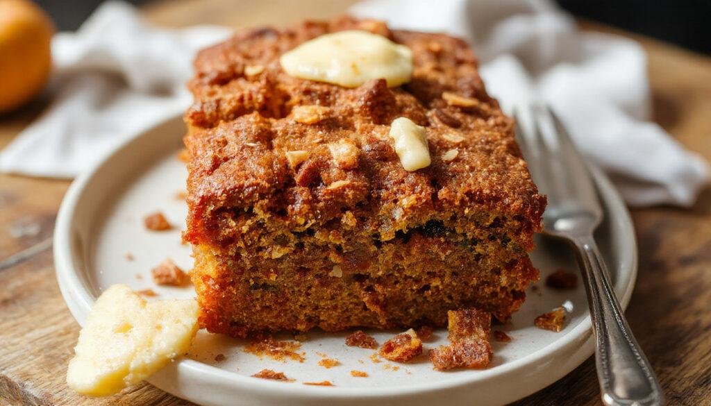 A beautifully sliced pumpkin bread loaf showcasing a golden-brown crust and moist, dense interior dotted with pumpkin puree. The slices are arranged on a rustic wooden board, with a few slices fanned out to reveal the tender crumb and rich orange hue. The background features autumn-themed elements like small pumpkins and warm-toned cloths, emphasizing fall’s cozy, seasonal vibe.