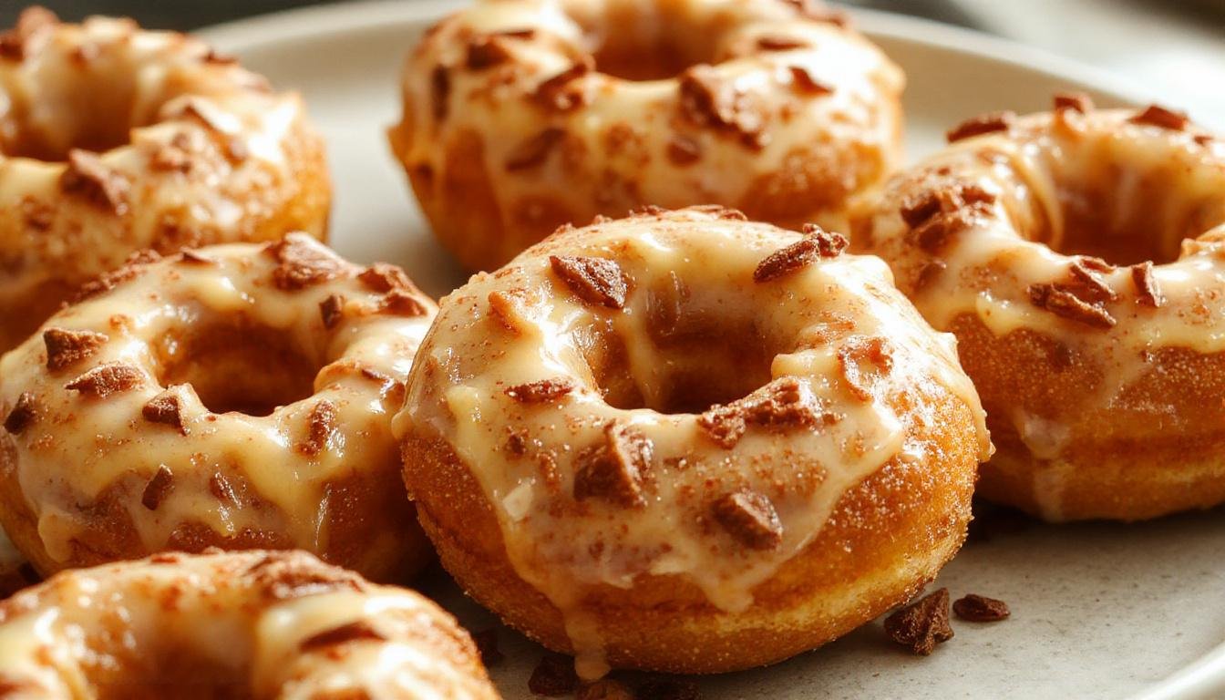 Golden-brown pumpkin donuts topped with a light glaze, arranged on a rustic white plate with a few powdered sugar dustings. The donuts have a smooth, slightly cracked surface showcasing their soft interior, with a few decorative pumpkin seeds on top, set against a dark wooden background.