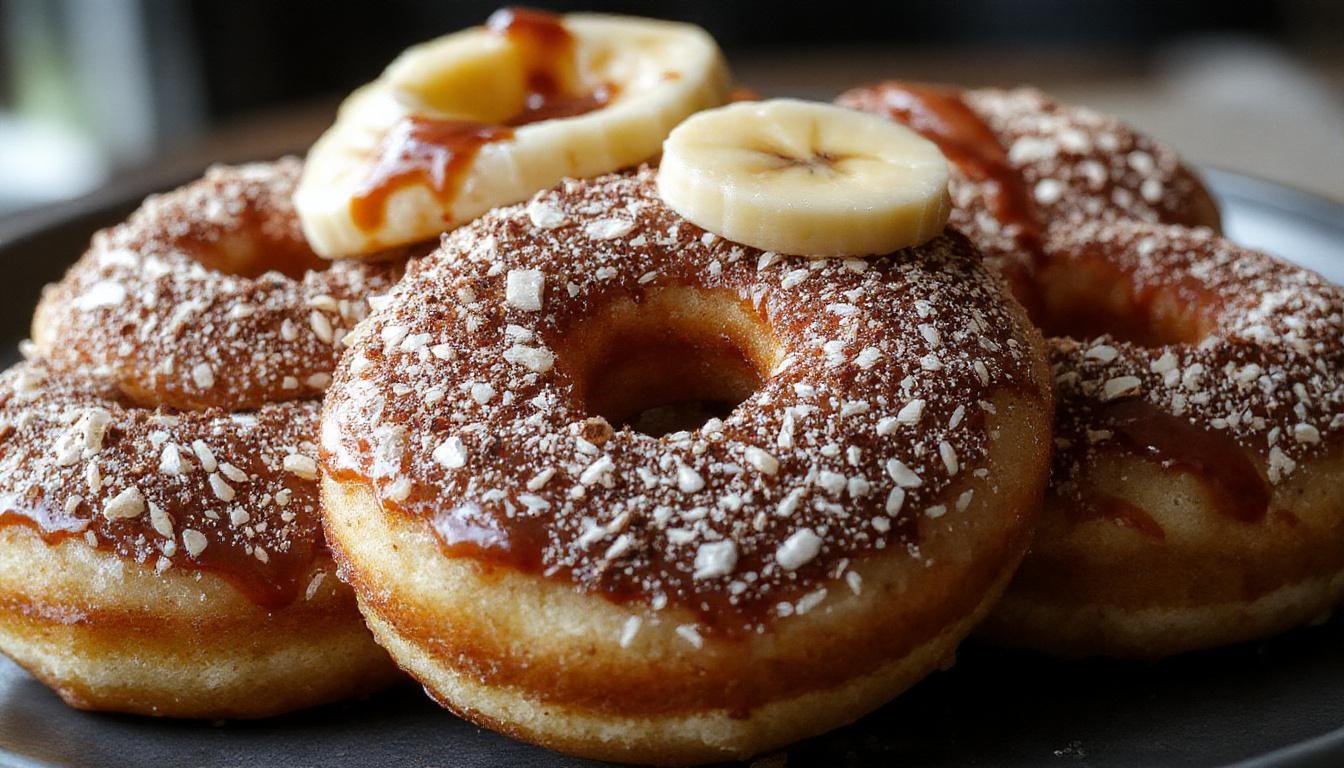 Golden-brown banana donut holes arranged on a white plate, showcasing their fluffy texture and slight sugar coating, with a fork and a banana in the background.