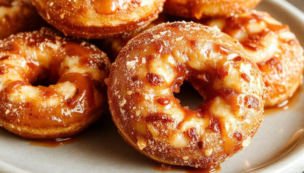 A close-up of golden-brown banana donut holes arranged on a white plate, showcasing their smooth surface and fluffy texture. Some are slightly cracked open, revealing a soft interior. The donut holes are sprinkled with a light dusting of powdered sugar, set against a rustic wooden background that enhances their homemade appeal.