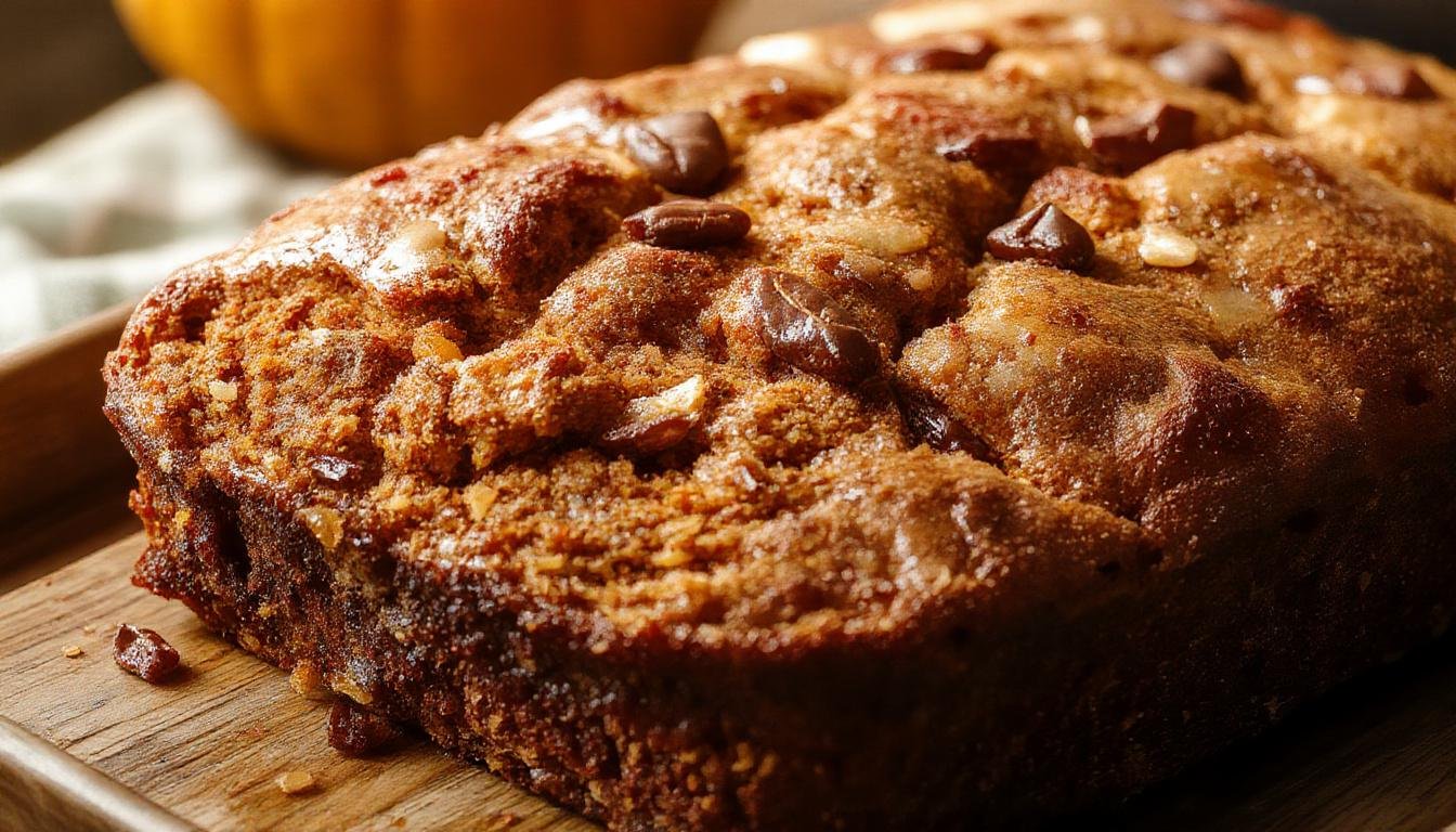 A rustic loaf of pumpkin bread with a golden-brown crust sitting on a wooden surface. Sliced pieces reveal a moist, orange interior speckled with darker spices. The bread is garnished with a dusting of powdered sugar and a sprinkle of cinnamon, styled for a cozy autumn setting.