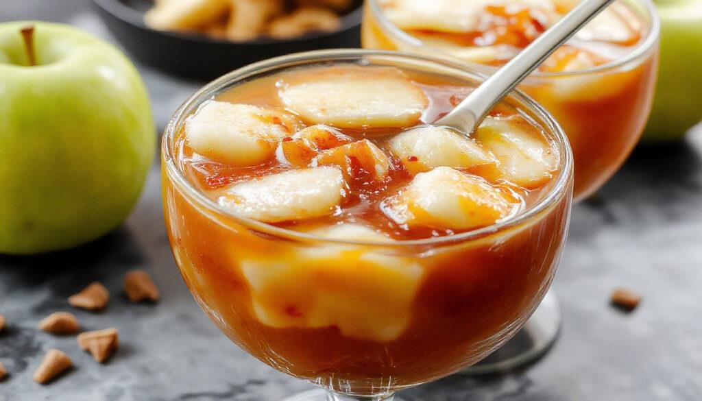A tall glass filled with a rich golden caramel-colored apple punch, garnished with slices of fresh red apples and a drizzle of caramel sauce on top, with ice cubes visible inside. The glass sits on a rustic wooden table, with a background of fall-themed decorations and a hint of cinnamon sticks nearby.