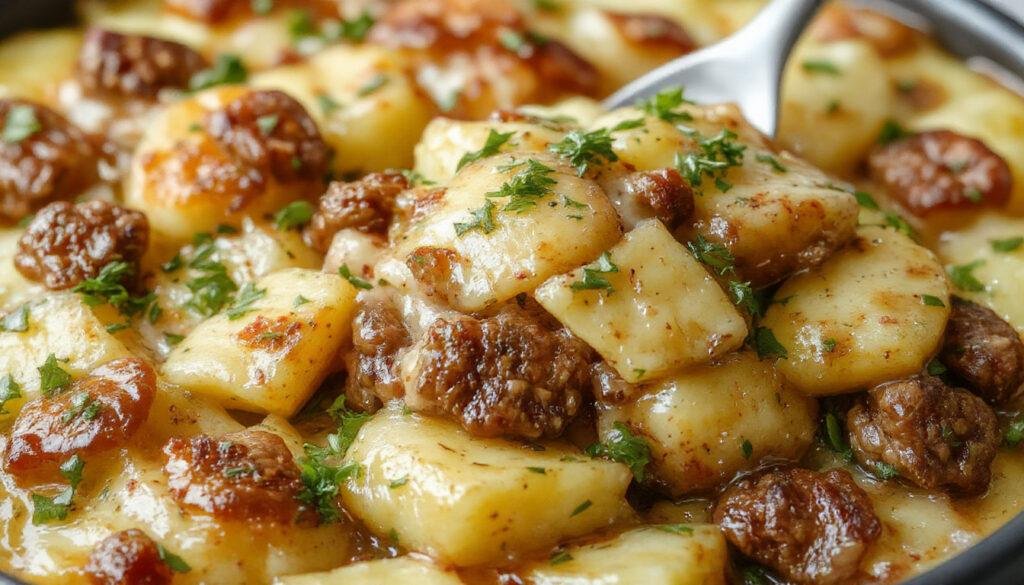 A golden-brown casserole dish filled with layers of seasoned ground beef, sliced potatoes, and melted cheese on top, garnished with fresh herbs. The casserole is served in a rustic white dish, with steam gently rising, showcasing crispy edges and a hearty, cheesy interior.