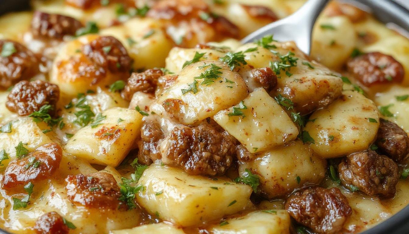 A golden-brown casserole dish filled with layers of seasoned ground beef, sliced potatoes, and melted cheese on top, garnished with fresh herbs. The casserole is served in a rustic white dish, with steam gently rising, showcasing crispy edges and a hearty, cheesy interior.