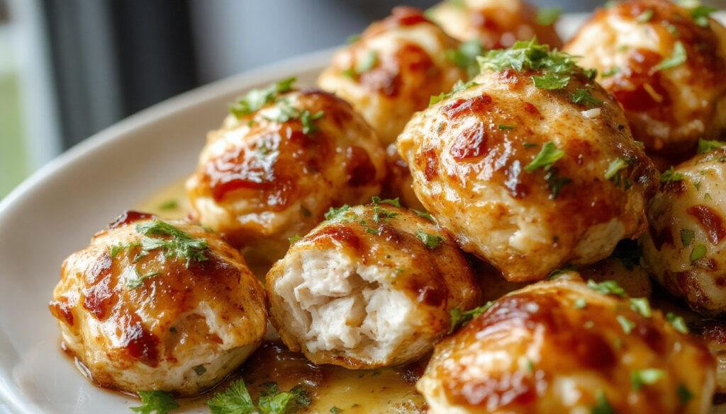 Golden-brown baked chicken bites arranged on a white plate with a side of fresh green herbs, crispy exterior visible, garnished with lemon wedges and herbs, served on a rustic wooden table with a drizzle of sauce.