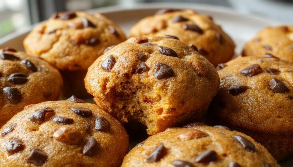 A close-up of golden-brown bakery-style pumpkin muffins topped with a sprinkle of cinnamon, arranged on a rustic wooden plate with a few pumpkin seeds scattered around. The muffins have a slightly cracked surface revealing a moist interior, with a warm autumn background featuring a hint of cinnamon sticks and a plaid napkin.