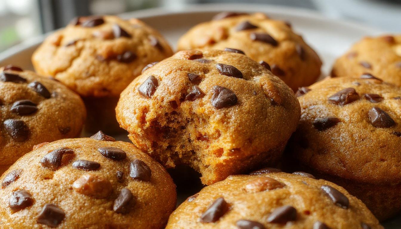A close-up of golden-brown bakery-style pumpkin muffins topped with a sprinkle of cinnamon, arranged on a rustic wooden plate with a few pumpkin seeds scattered around. The muffins have a slightly cracked surface revealing a moist interior, with a warm autumn background featuring a hint of cinnamon sticks and a plaid napkin.