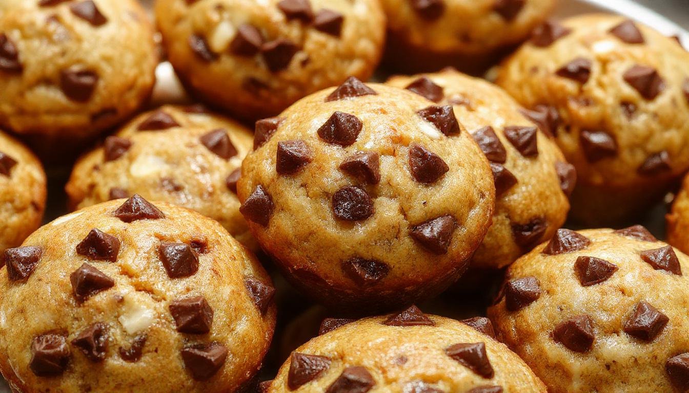 Golden brown banana chocolate chip muffins arranged in a rustic basket with a few muffins broken open to reveal gooey chocolate chips and moist banana crumb inside, with a light dusting of powdered sugar, set on a wooden table with a checkered cloth in the background.
