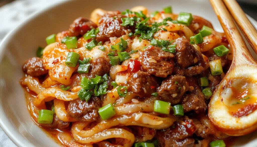 A vibrant plate of Beef Chow Mein featuring stir-fried beef strips and crispy noodles, garnished with sliced green onions and sesame seeds, colorful vegetables sprinkled on top, all arranged neatly on a white ceramic plate with a textured background.