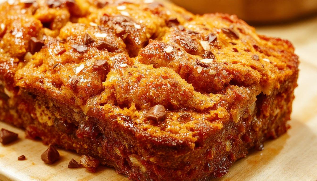 A slices of golden-brown pumpkin bread with a slightly fluffy texture, displayed on a rustic wooden cutting board. The bread has a warm hue, with visible specks of pumpkin and spices. Surrounding the loaf are a few cinnamon sticks and a small bowl of cream, enhancing the cozy, homemade feel of the scene.