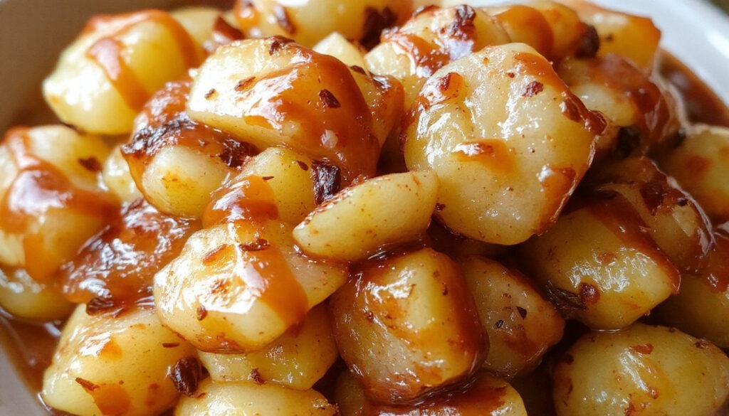 A close-up of bite-sized grapes coated in glossy caramel, arranged neatly on a white plate with a drizzle of caramel sauce and sprinkled with chopped nuts, showcasing their shiny, golden-brown exterior and vibrant purple and green hues beneath.