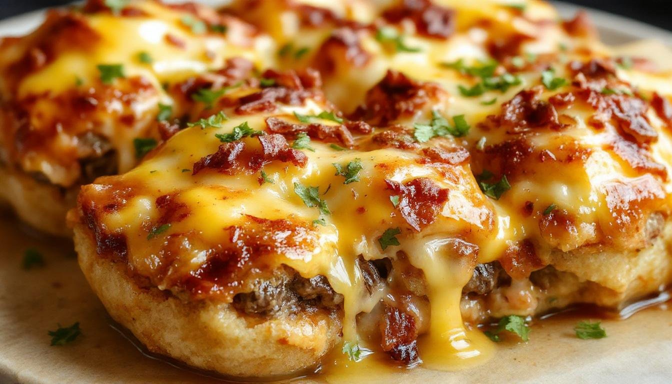 A golden-brown casserole dish topped with crispy tater tots, melted cheese oozing over the edges, garnished with fresh chopped herbs, served hot in a rustic white baking dish, with a spoon scooping out a portion revealing layers of seasoned ground beef, cheese, and crunchy tots.