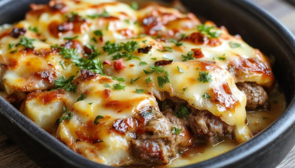A golden-brown baked casserole layered with melted cheese, seasoned ground beef, and sliced potatoes, topped with fresh parsley and served directly from a rustic oven dish.